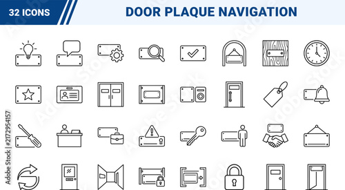 Name Plate Office Door Web Icon Set in Linear Style. Collection of door plaque line icons, including signage, office navigation, room numbering, workplace, directory, entrance.
