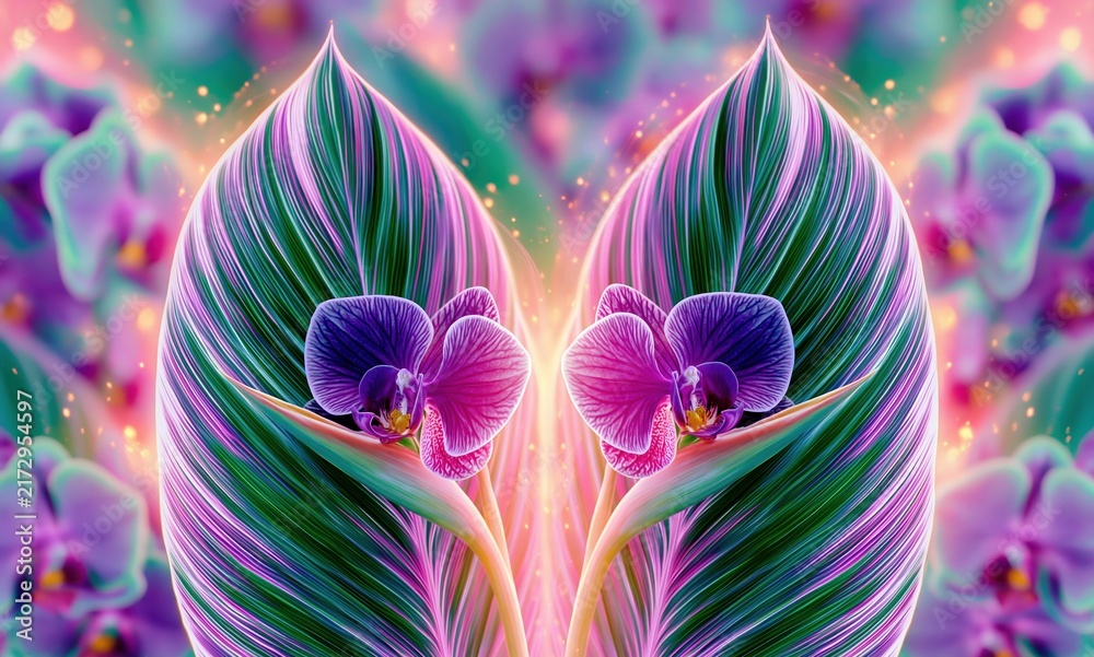 Obraz premium Vibrant Abstract Psychedelic Orchid Bloom with Glowing Tropical Leaves and Bokeh Lights