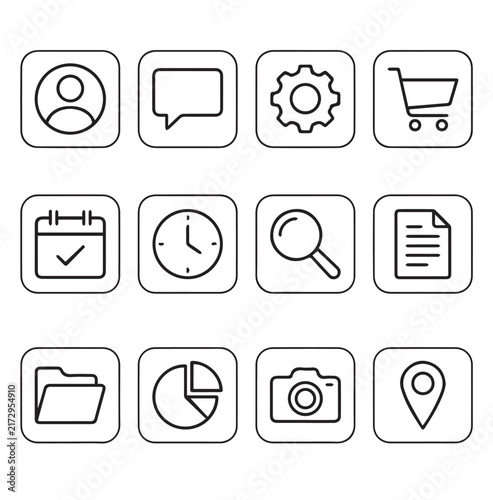 Clean line art icons collection for user interface design with a white background