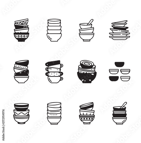 Clean line art stacks of assorted ceramic bowls and dishes for kitchenware and tableware presentation
