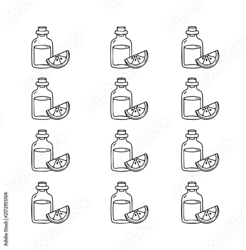 Clear Glass Bottles with Citrus Slices arranged in a grid pattern with simple line art style