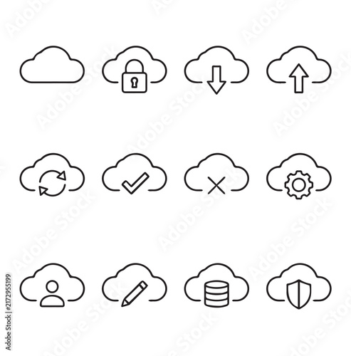 Cloud icons with security and data operations for digital services and online storage solutions