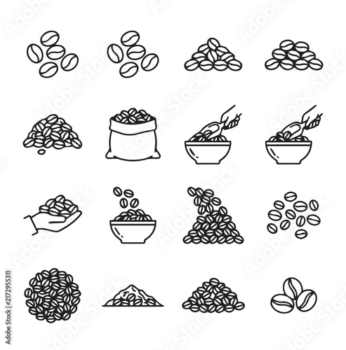 Coffee Beans Piled and Scooped in Various Arrangements with Simple Line Art Style