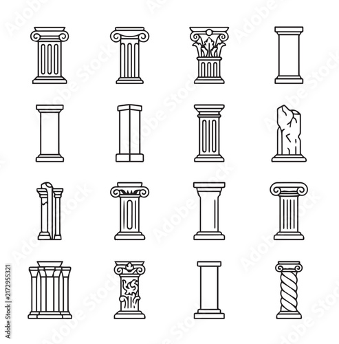 Collection of architectural columns in classic styles with detailed line drawings on a white background