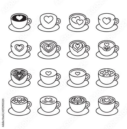 Coffee cups with heart latte art in a clean grid perfect for cafe branding and romantic promotions