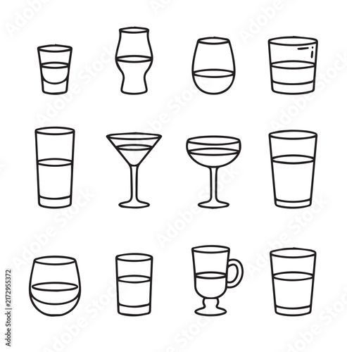 Collection of assorted drinkware outlines on white background clean vector illustration