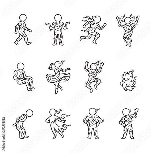 Abstract figures in motion and poses against a white background showing movement and energy