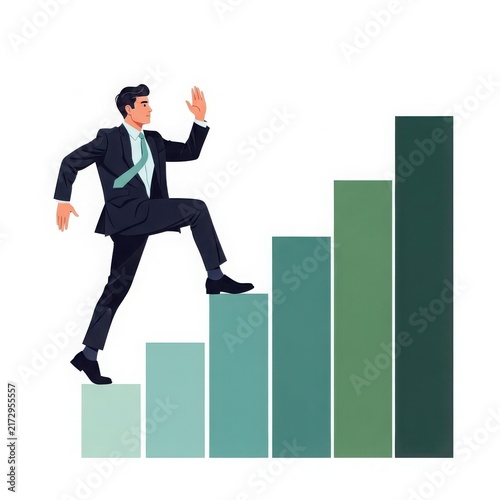 Businessman climbing success growth bar chart isolated on white background