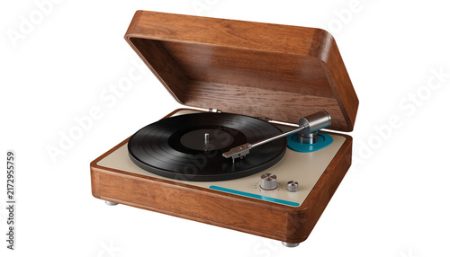 A stylish vintage record player, isolated PNG, transparent background, compact mid-century turntable with warm wooden case, cream control panel and subtle turquoise accents, black vinyl record 