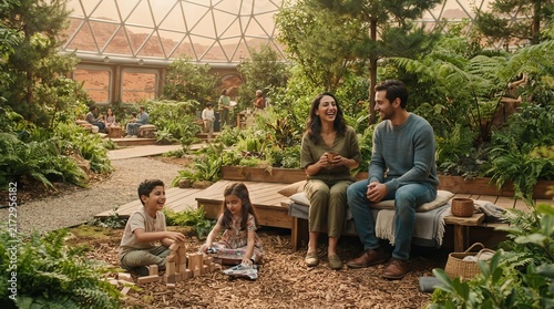 A Family's Oasis: A family enjoys a serene moment in a lush, biodome-like setting, surrounded by verdant plants and trees, showcasing a harmonious blend of nature and sustainable living.