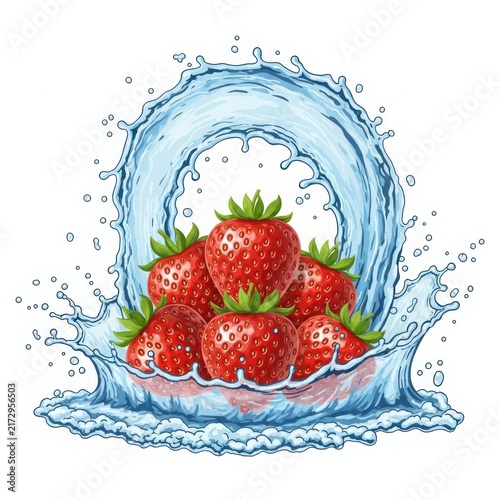 Strawberries surrounded by water splash isolated on white background