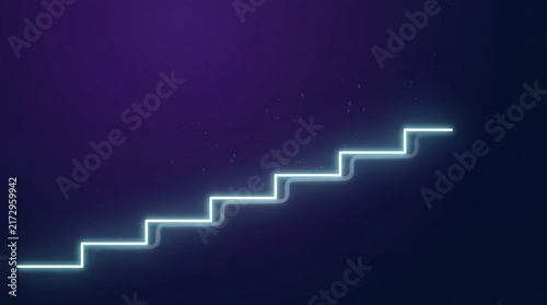 single luminous line ascending across a dark gradient background in sharp stepped increments, faint glow trail persisting behind it, subtle particles drifting upward, deep navy to violet gradient