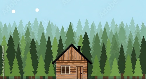 Cozy cabin nestled in dense evergreen forest.