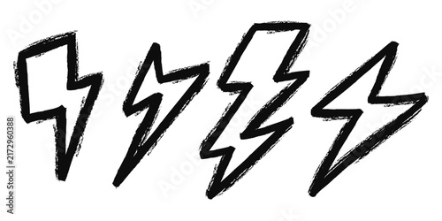 Set of hand drawn electric lightning, thunder bolt in doodle style. isolated on white background. vector illustration