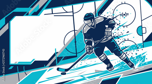 Action-packed ice hockey player skating on rink graphic illustration with copy space for sports event announcements and winter tournament promotion for a banner template