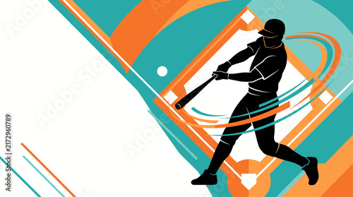 Dynamic baseball batter silhouette hitting a ball on a stylized diamond field illustration for athletic competition and sports events for a banner template