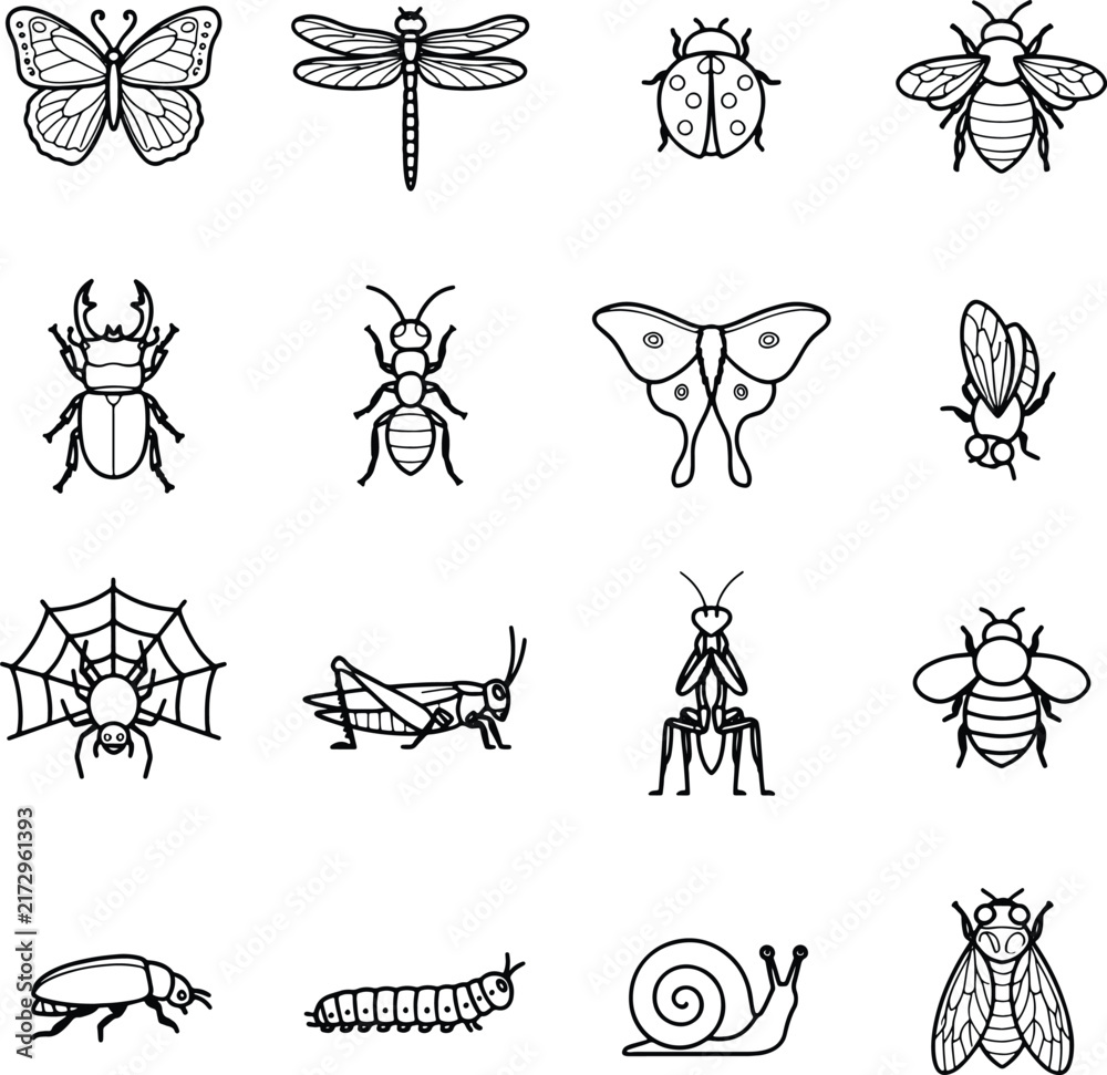 Fototapeta premium Insects and Bugs Line Art Icon Set Vector Illustration