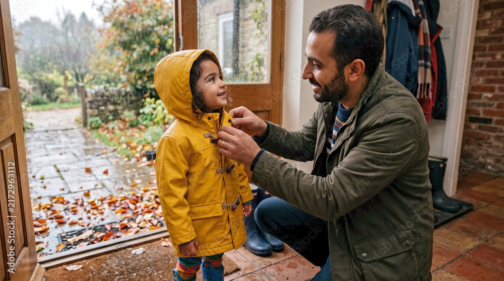 Fototapeta premium Father fastening his child`s yellow raincoat hood for autumn rainy day at home entrance for parenting blogs, family websites, lifestyle articles, and childhood content