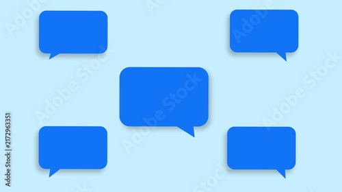 Five blank blue speech bubbles arranged symmetrically on a light blue background