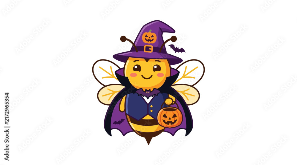 Fototapeta premium Cute Bee in Halloween Costume Holding Candy Bucket