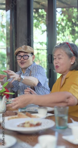 Senior asian man watching elderly asian woman eating soup during restaurant reunion lunch, table conversation, caregiving bond, companionship, comfort, social connection, shared meal in retirement