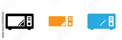 Set of three microwave oven icons in black orange and blue colors for kitchen appliance design concepts