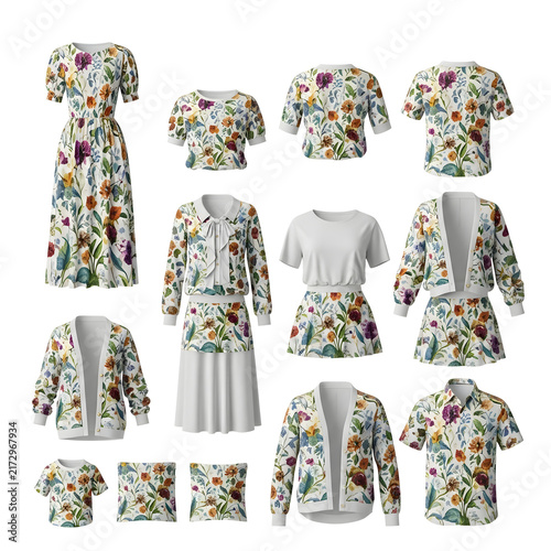Floral summer apparel collection featuring vibrant wildflower patterns on versatile clothing mockups
