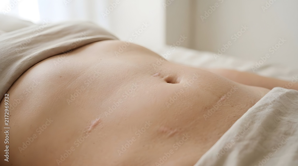 Fototapeta premium Healed Abdominal Laparoscopic Surgery Scars After Minimally Invasive Procedure and Postoperative Recovery