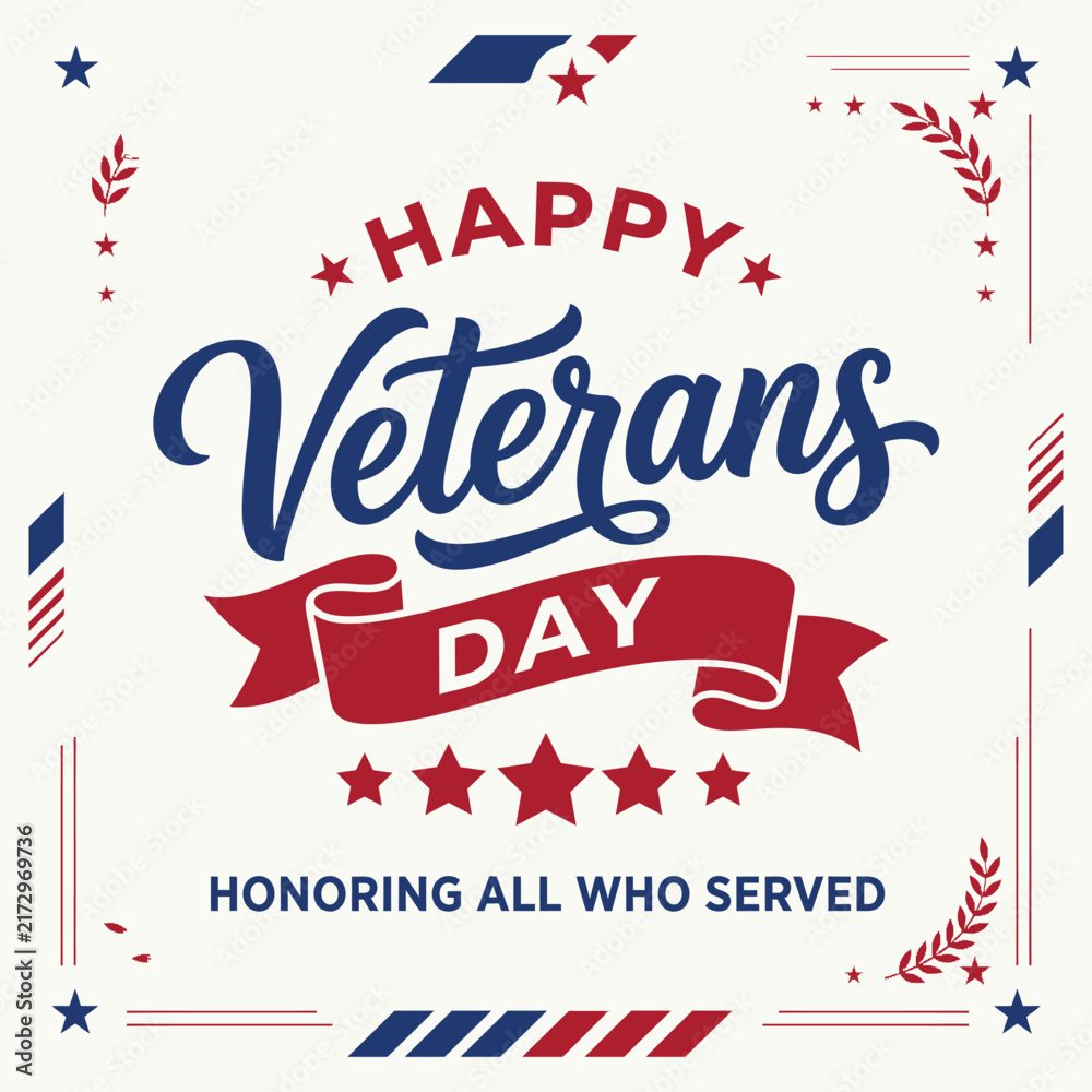 Obraz premium Happy veterans day greeting card design with patriotic typography and red white and blue decorative elements