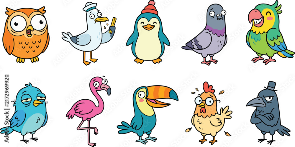 Naklejka premium Cute and Funny Cartoon Birds Character Collection Set Featuring Owl Seagull Penguin Pigeon Parrot Flamingo Toucan Chicken and Crow For Children Designs
