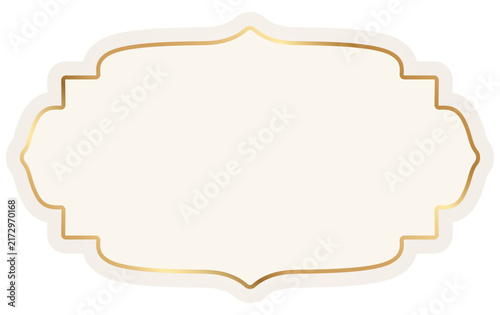 Ornate beige label with golden border. Classic frame for vintage boutique logos, elegant cosmetics packaging, romantic wedding invitations. Vector design template with blank space