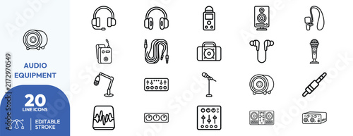Foto Studio audio microphone, mixer, headphone, speaker, soundwave, recording