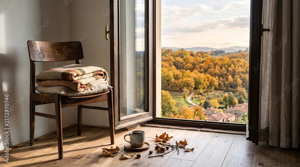Obraz premium A peaceful indoor autumn setup featuring a wooden chair with a warm blanket, a cup of hot coffee, and fallen dry leaves near an open window looking over a golden forest view.