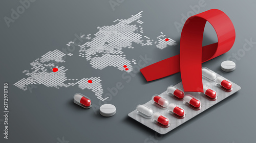 World AIDS Day Isometric Red Ribbon and HIV Awareness Pills with World Map on Dark Background