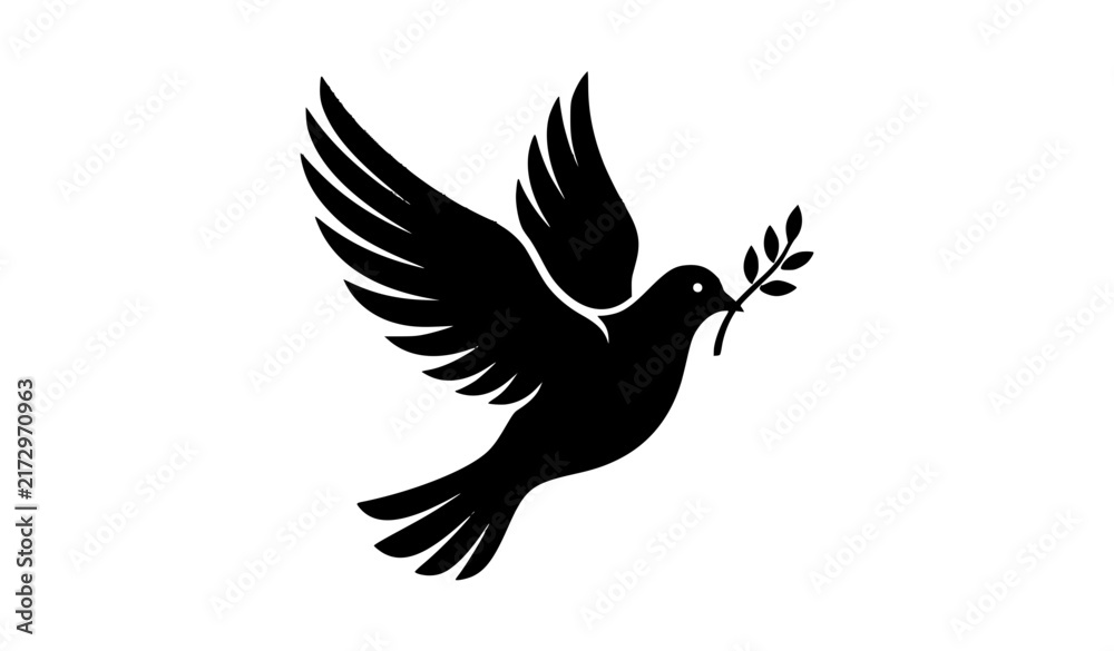 Fototapeta premium dove, peace, olive, branch, bird, flying, silhouette, black, white, vector, wings, feather, freedom, hope, harmony, faith, religion, Christian, spiritual, purity, charity, humanitarian, symbol, emblem