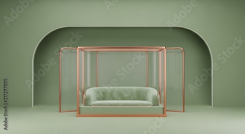 Modern empty glass display case with curved shelves and frame