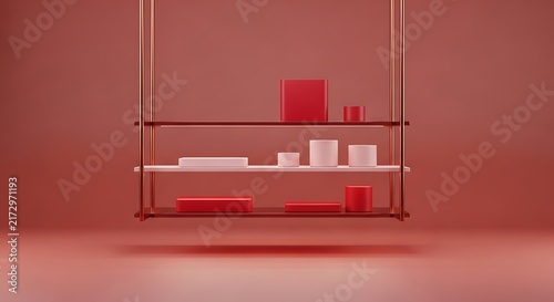 Modern glass shelf with red and white storage boxes on wall