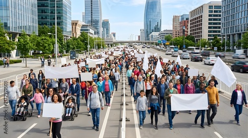 Diverse group of people marching with blank protest signs in city