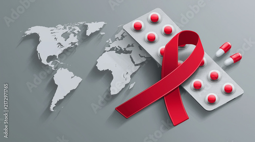 World AIDS Day Isometric Red Ribbon and HIV Awareness Pills with World Map on Dark Background