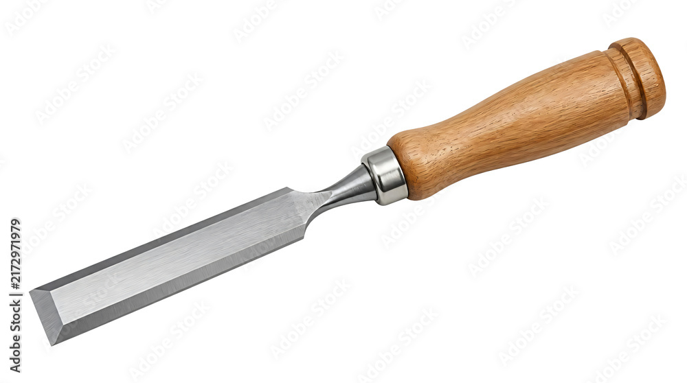 Fototapeta premium Metal chisel with wooden handle isolated on transparent background