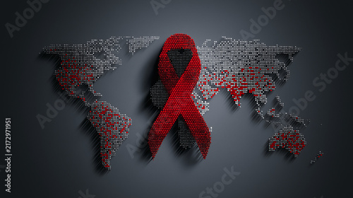 World AIDS Day Poster with Red Ribbon and Abstract 3D Globe on Dark Background