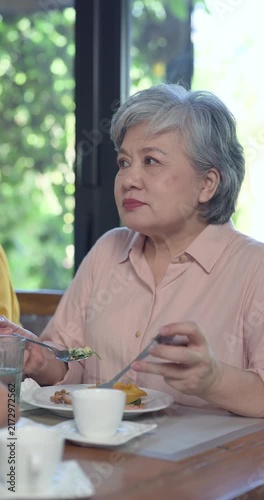 Senior asian retiree woman listens during reunion brunch at restaurant table, holding fork and spoon, thoughtful conversation, calm companionship, support, later life wellness moment, Vertical frame