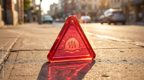 Conceptual street photograph featuring a premium translucent ruby-red glass heatwave warning symbol standing on a sun-drenched urban sidewalk with luminous caustics and realistic heat shimmer.