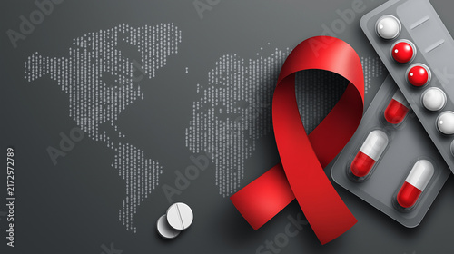 World AIDS Day Isometric Red Ribbon and HIV Awareness Pills with World Map on Dark Background