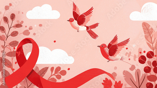 World AIDS Day Red Ribbon with Birds and Flowers Symbolizing Hope, Support and HIV AIDS Awareness