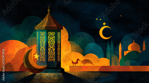 Islamic Ramadan Night Landscape with Glowing Lantern, Crescent Moon and Mosque Silhouette Illustration