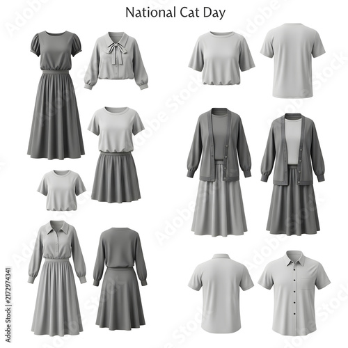 Blank clothing mockup collection with various fashion apparel models, dresses, skirts, shirts, and casual tops templates isolated on white