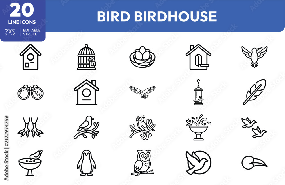Naklejka premium Bhouse wildlife bhouses, nests, feathers, flight symbols, nature elements. Editable stroke. Vector illustration.