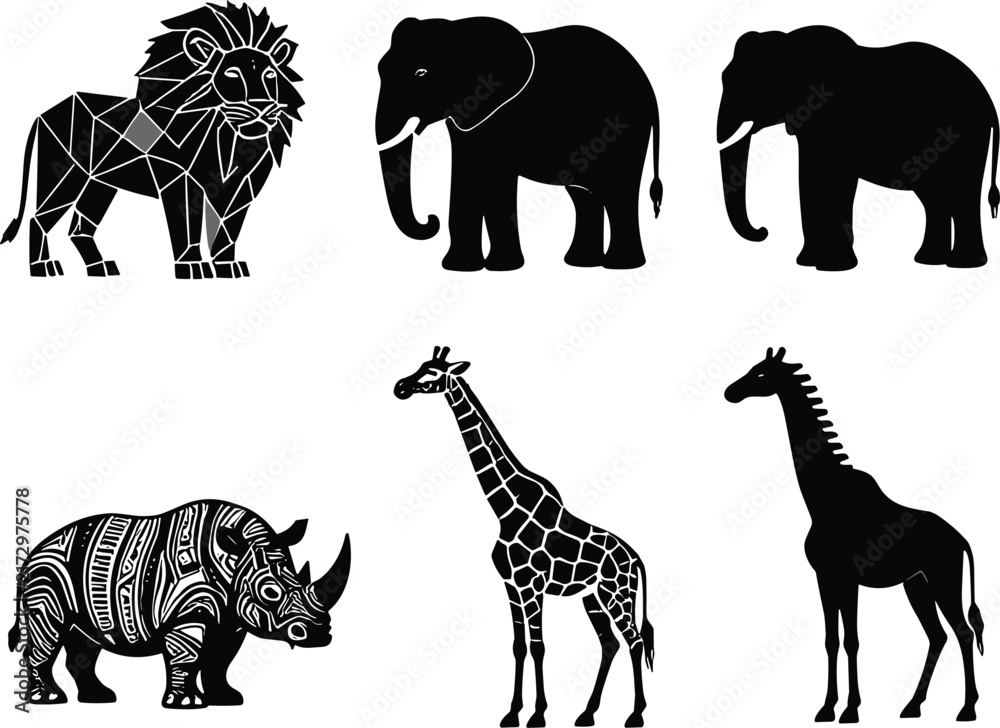 Obraz premium African safari wild animals silhouette collection featuring geometric lion patterned rhinoceros elephant and giraffe vector graphic icons set for zoo nature design