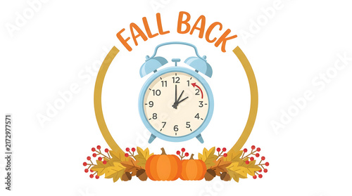Fall back daylight saving time circular frame design featuring blue alarm clock and autumn arrangement